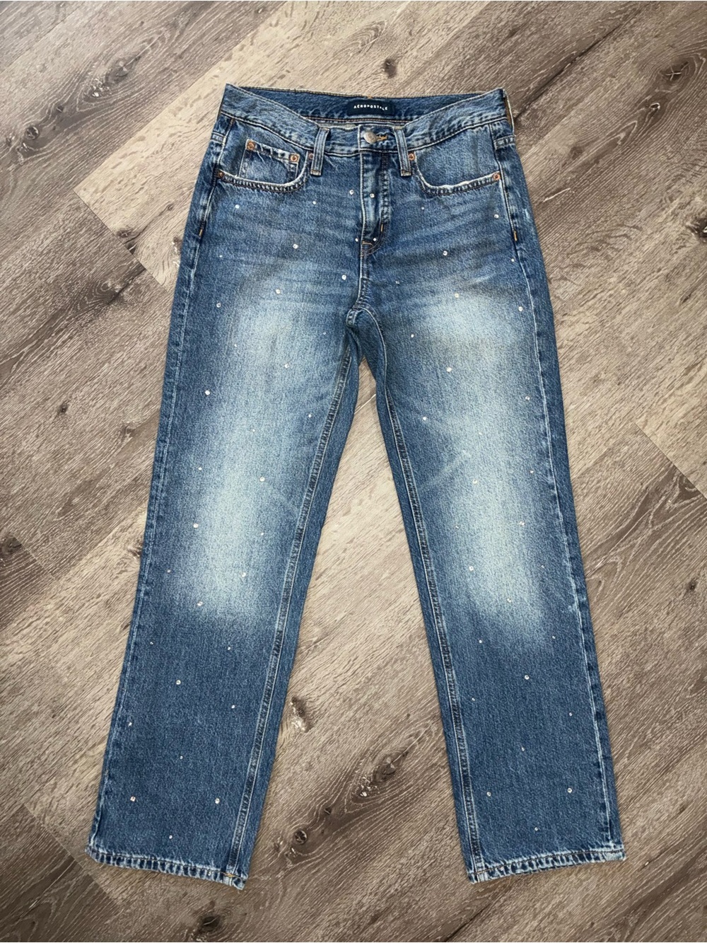 Aeropostale 4 Faded Blue Wide-Leg Jeans with Gemstone Jewel Bling Speckle